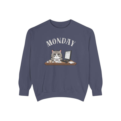 Monday Face Cat Stares Blankly Unisex Crewneck Sweatshirt, relaxed-fit with cat graphic and "MONDAY" banner.