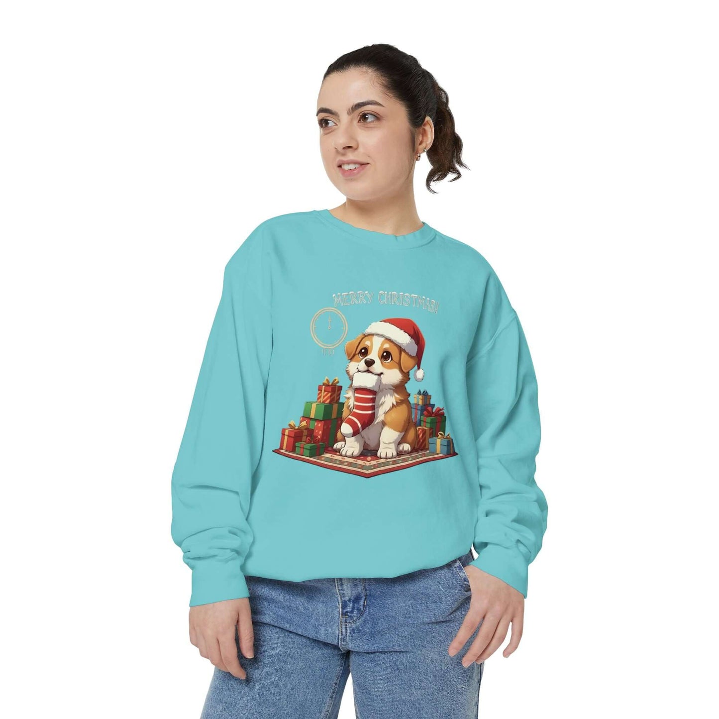 Puppy wait for Christmas presents Unisex Crewneck Sweatshirt style 1