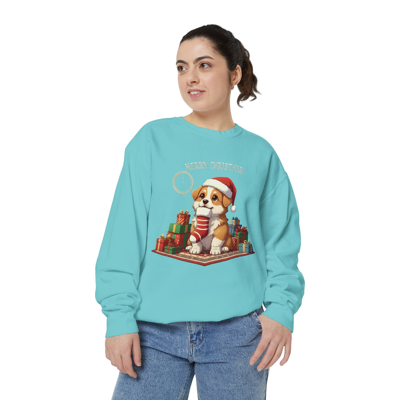 Cute Puppy waiting for Christmas presents style 1 Cozy Graphic Unisex Crewneck Sweatshirt
