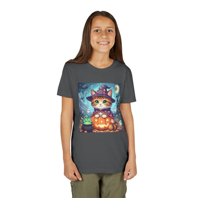 Halloween cute kitten anime style 2 Unisex Youth Tee | T-Shirt, Cute Pumpkin Shirt, Kids Halloween Outfit, Cat Lover Gift, Fun Fall Apparel
