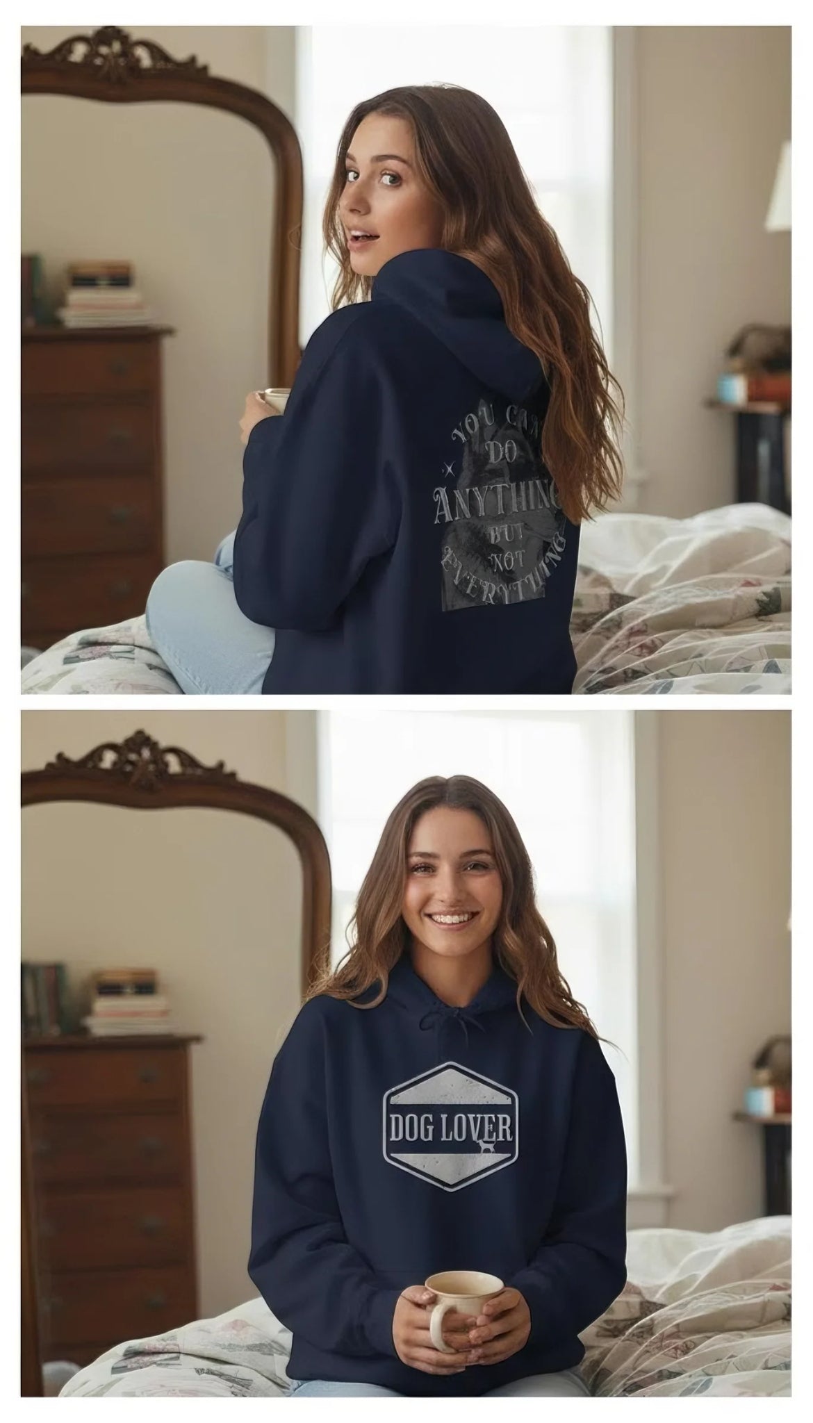Dog Lover plus Slogan on Back Unisex Pullover Hoodie displayed on model with front badge and back graphic.