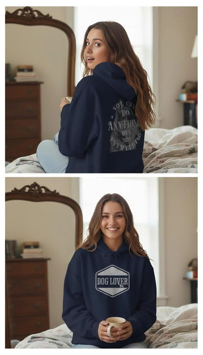 Dog Lover plus Slogan on Back Unisex Pullover Hoodie displayed on model with front badge and back graphic.