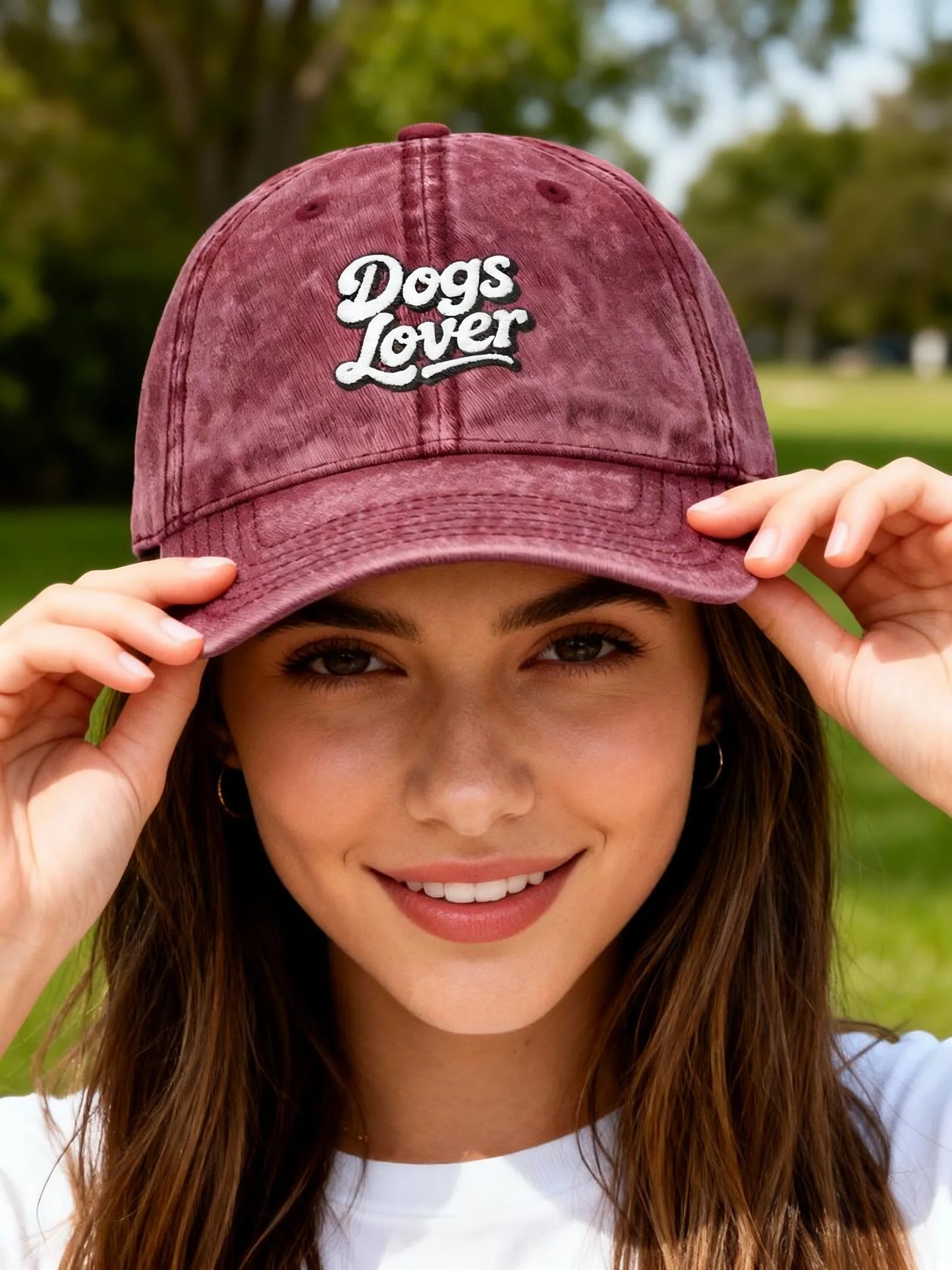 Dogs Lover Vintage Embroidered Cap Dad Hat Grey Words model wearing maroon cap outdoors smiling