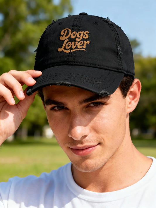 Dogs Lover Distressed Embroidered Cap Dad Hat Brown Words worn by a young man outdoors, showcasing its casual style.