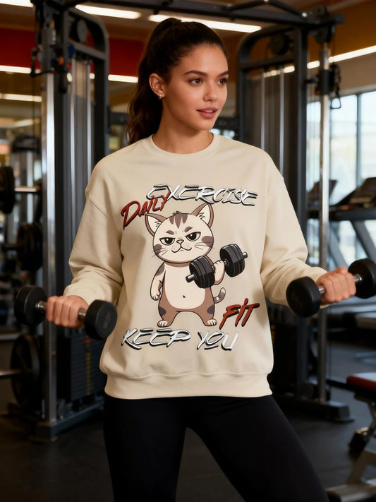 Daily Exercise Keep You Fit Workout Cat Unisex Sweatshirt displayed on a model at the gym, featuring a cat with dumbbells.