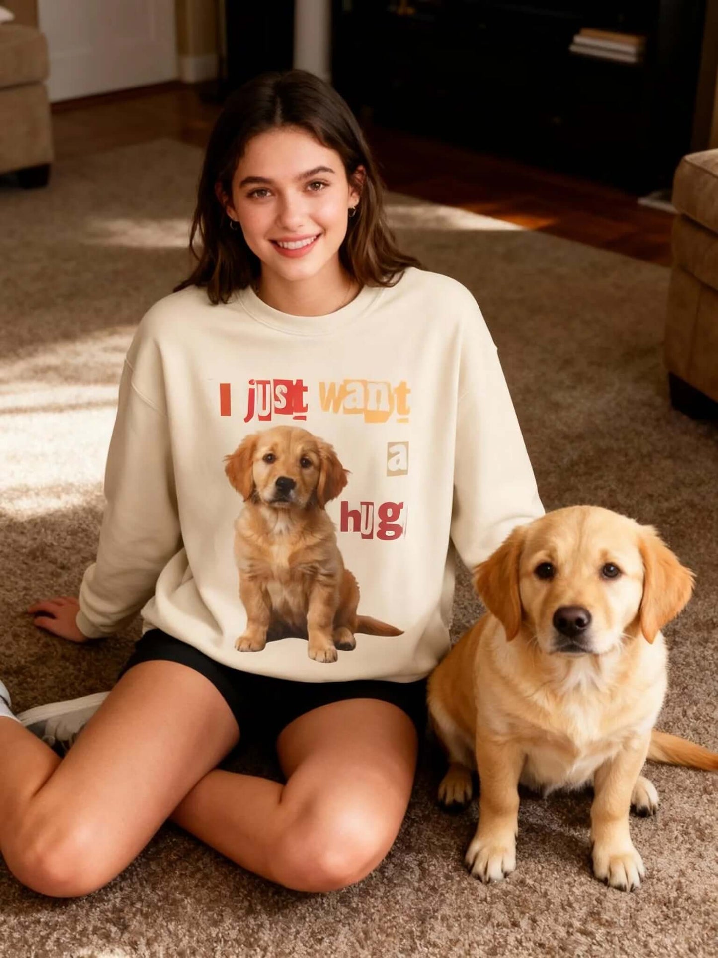 Dog just want a Hug Unisex Crewneck Sweatshirt modeled by a girl with a puppy on a cozy floor.