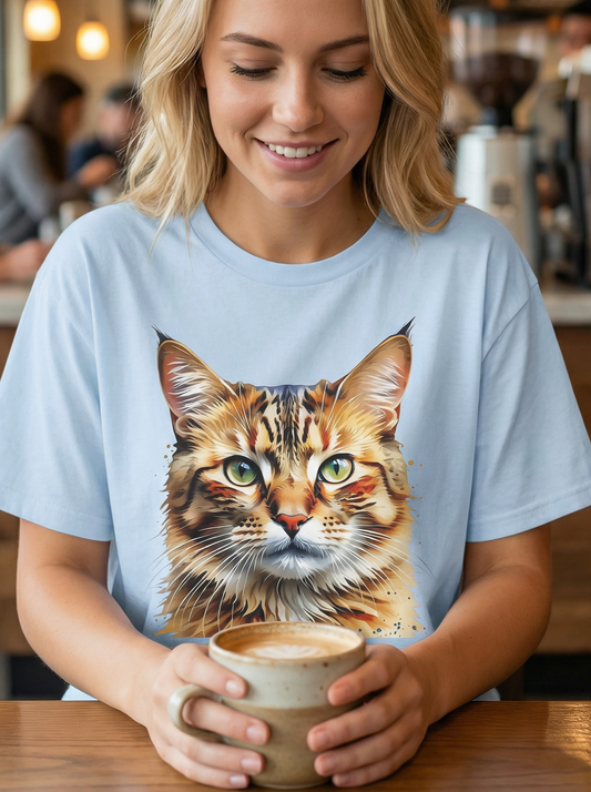 Watercolor Cat Head Unisex Cotton T-Shirt style 1