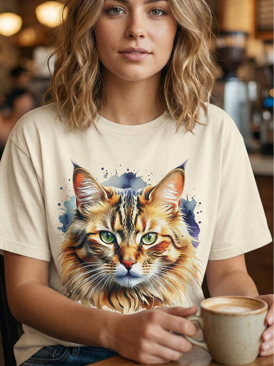 Watercolor Cat Head Unisex Cotton T-Shirt style 2