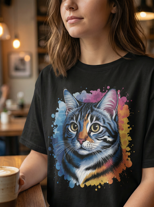 Watercolor Cat Head Unisex Cotton T-Shirt style 4