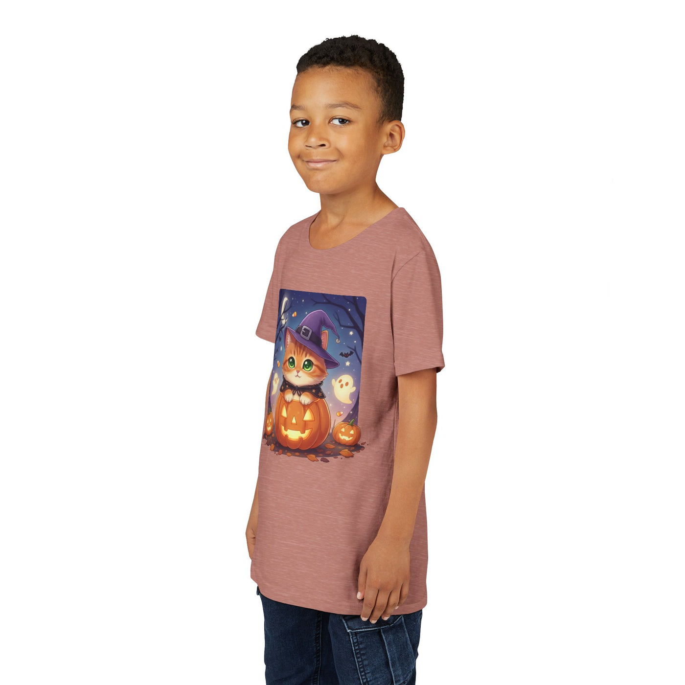 Halloween cute kitten anime style 7 Unisex Youth Tee | T-Shirt, Cute Pumpkin Shirt, Kids Halloween Outfit, Cat Lover Gift, Fun Fall Apparel