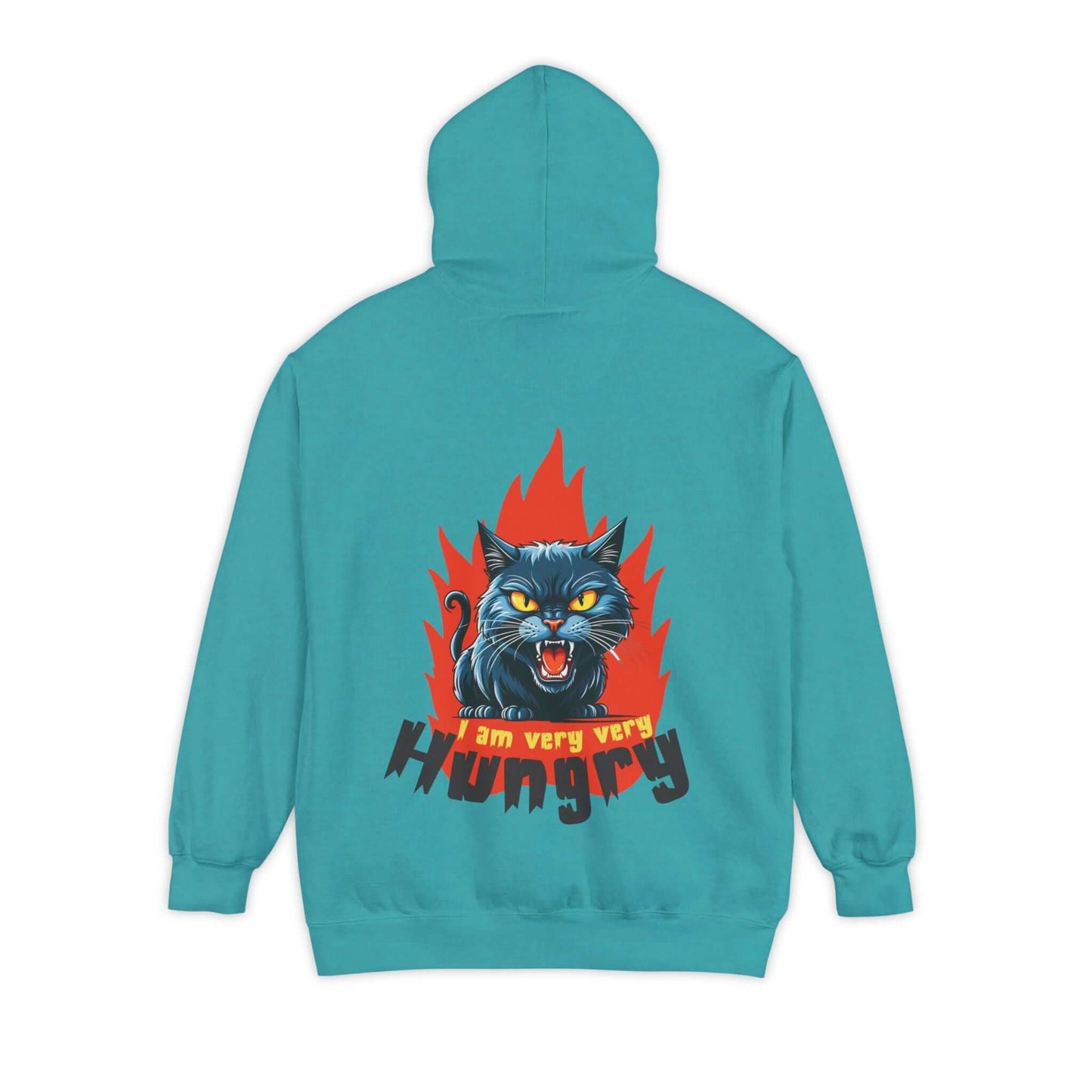 I am very very Hungry - Cartoon Cat Unisex Pullover Hoodie showcasing a snarling cat and flames on the back.