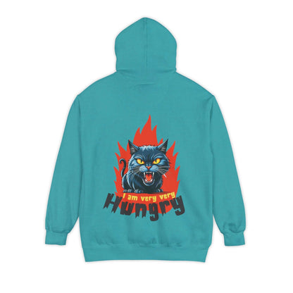 I am very very Hungry - Cartoon Cat Unisex Pullover Hoodie showcasing a snarling cat and flames on the back.