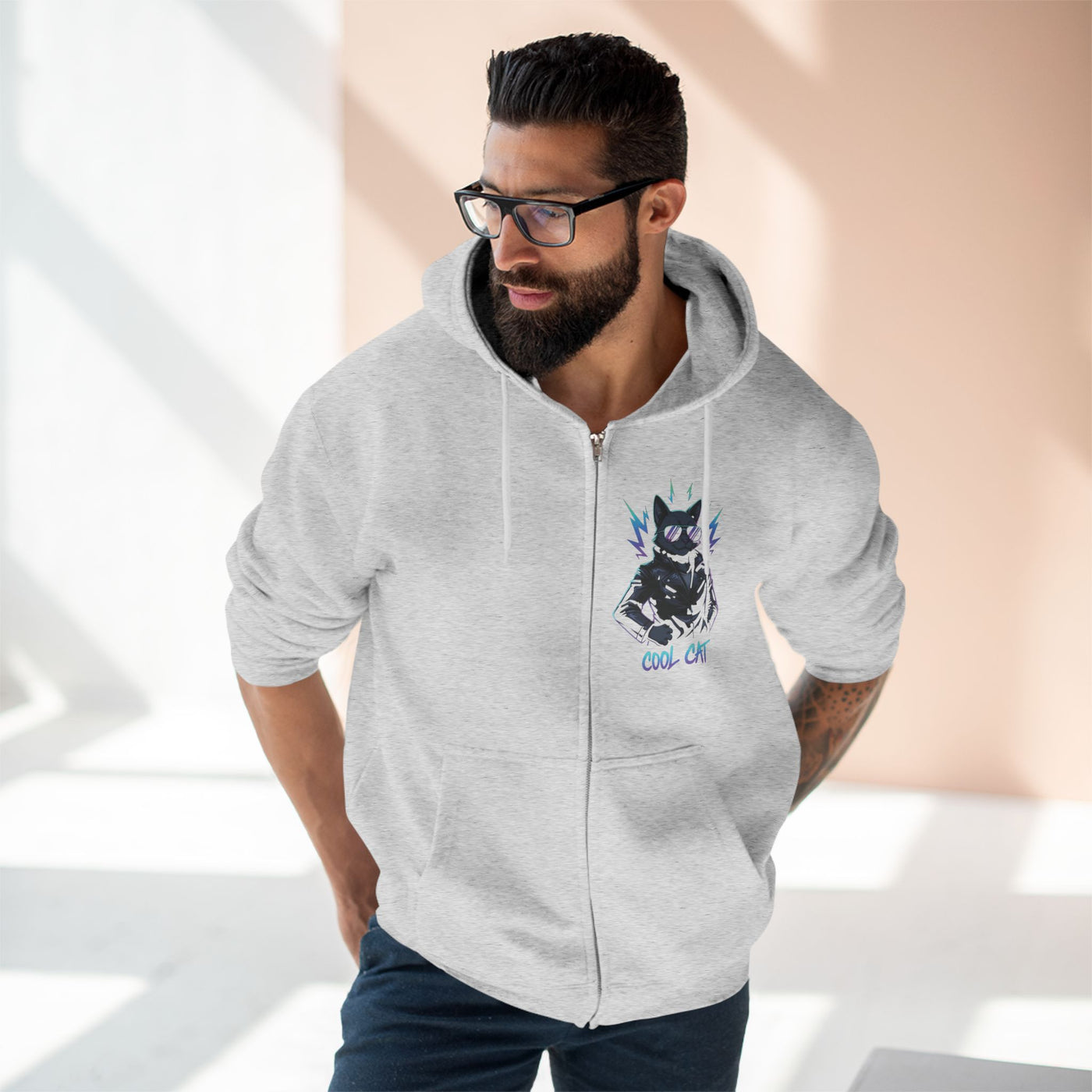 Cool Cat Unisex Zip Hoodie, Graphic Hoodie, Streetwear, Animal Lover Gift, Casual Wear, Skater Style