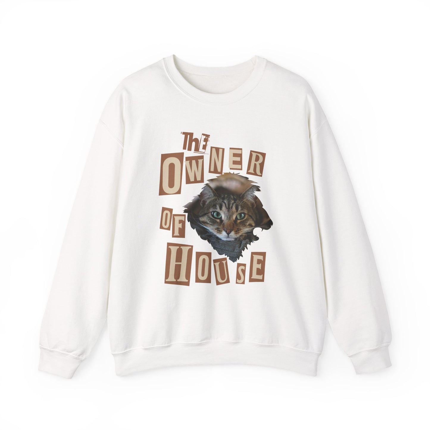 Cat is The Owner of House Unisex Crewneck Sweatshirt featuring a cat graphic and vintage lettering.