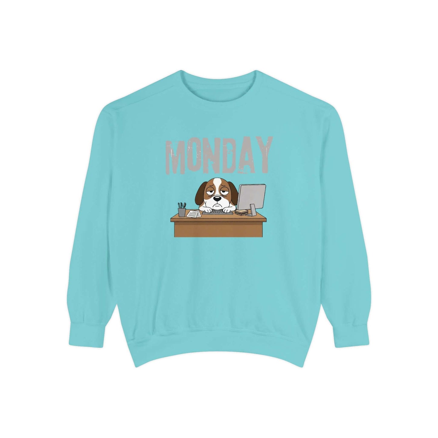 Monday Face Dog Stares Blankly Unisex Crewneck Sweatshirt features a cute dog under a 'MONDAY' banner.