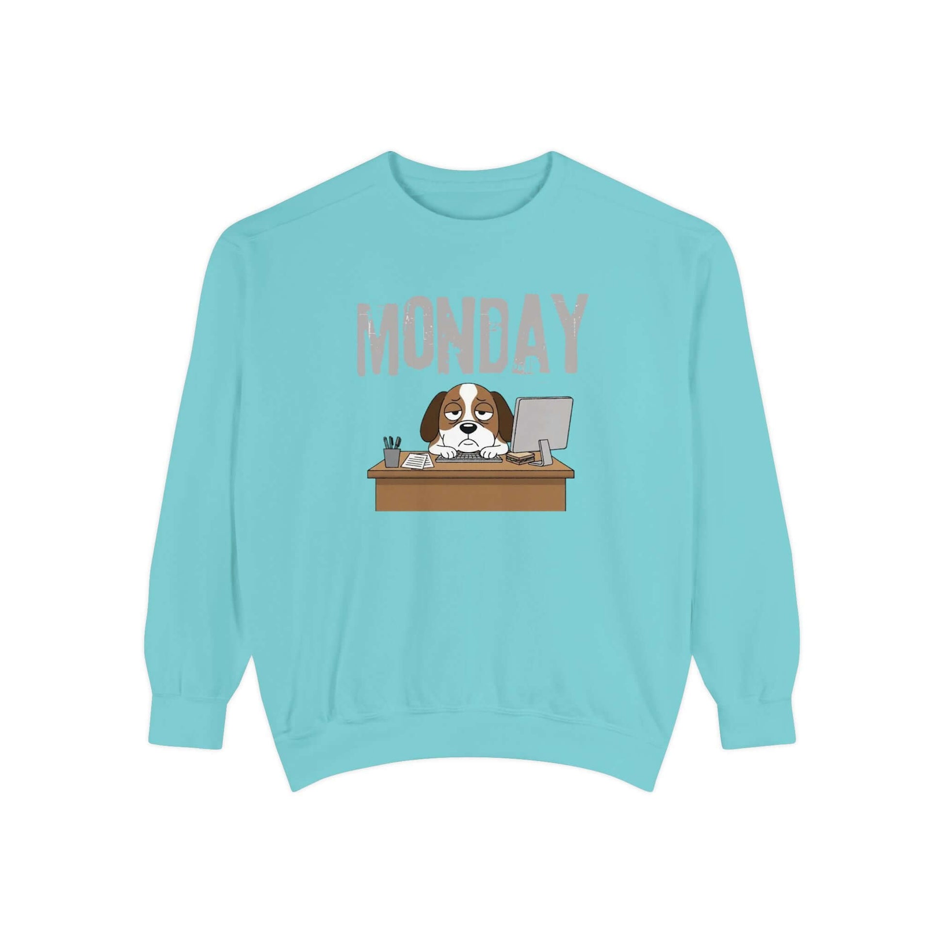 Monday Face Dog Stares Blankly Unisex Crewneck Sweatshirt features a cute dog under a 'MONDAY' banner.