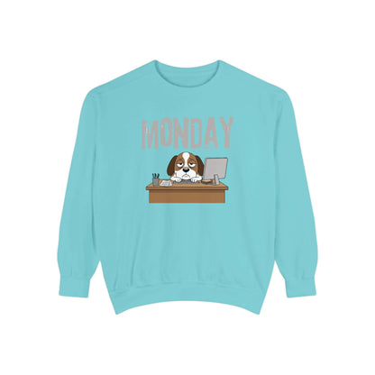 Monday Face Dog Stares Blankly Unisex Crewneck Sweatshirt features a cute dog under a 'MONDAY' banner.