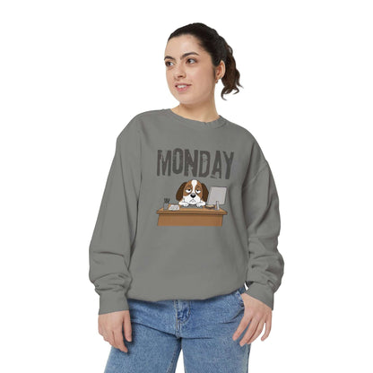 Monday Face Dog Stares Blankly Unisex Crewneck Sweatshirt worn by a woman.