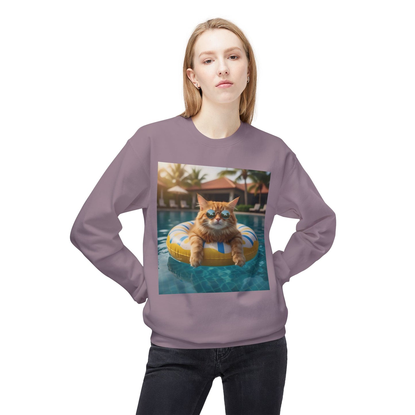 Swimming Pool Vibes Graphic Cat Unisex Crewneck Sweatshirt