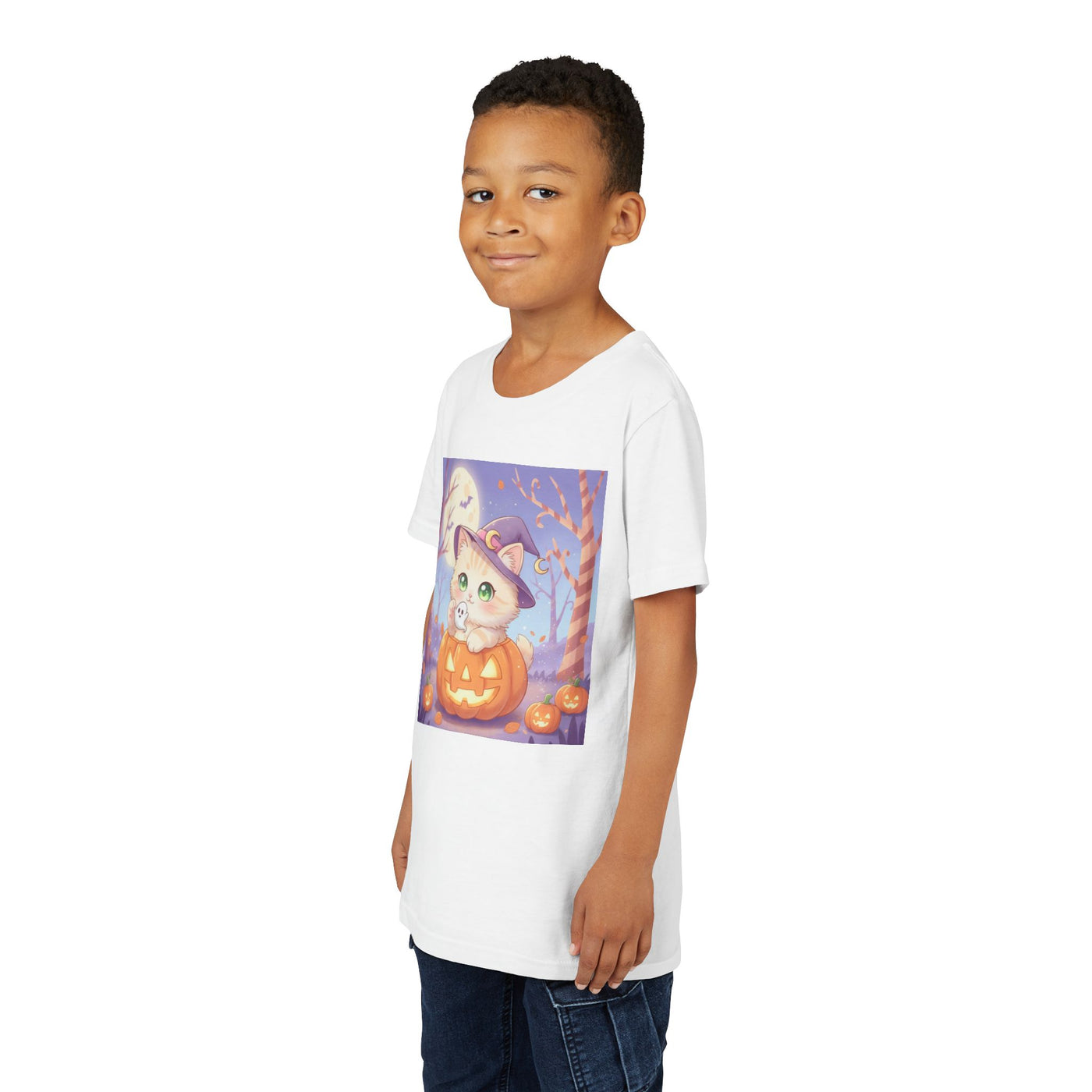 Halloween cute kitten anime style 1 Unisex Youth Tee | T-Shirt, Cute Pumpkin Shirt, Kids Halloween Outfit, Cat Lover Gift, Fun Fall Apparel