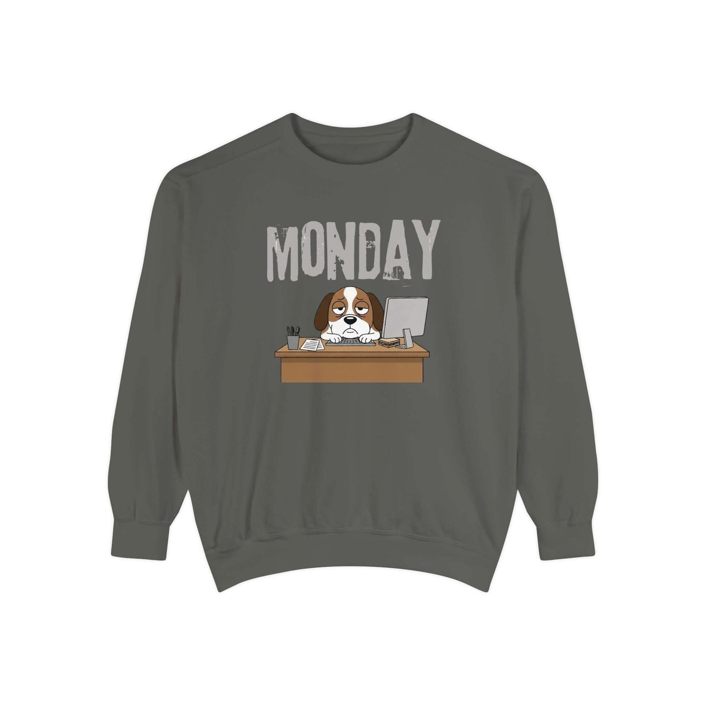 Monday Face Dog Stares Blankly Unisex Crewneck Sweatshirt featuring a dog at a desk under a MONDAY banner.