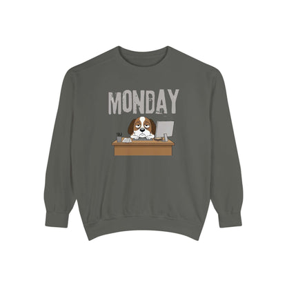 Monday Face Dog Stares Blankly Unisex Crewneck Sweatshirt featuring a dog at a desk under a MONDAY banner.