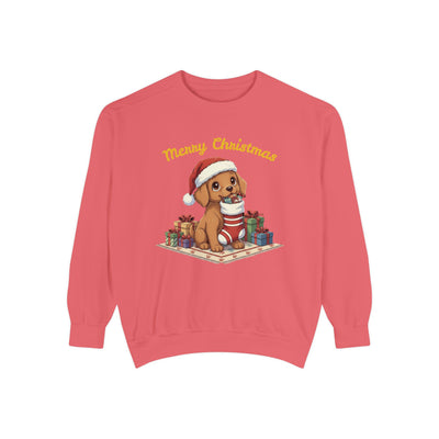 Cute Puppy waiting for Christmas presents style 2 Cozy Graphic Unisex Crewneck Sweatshirt