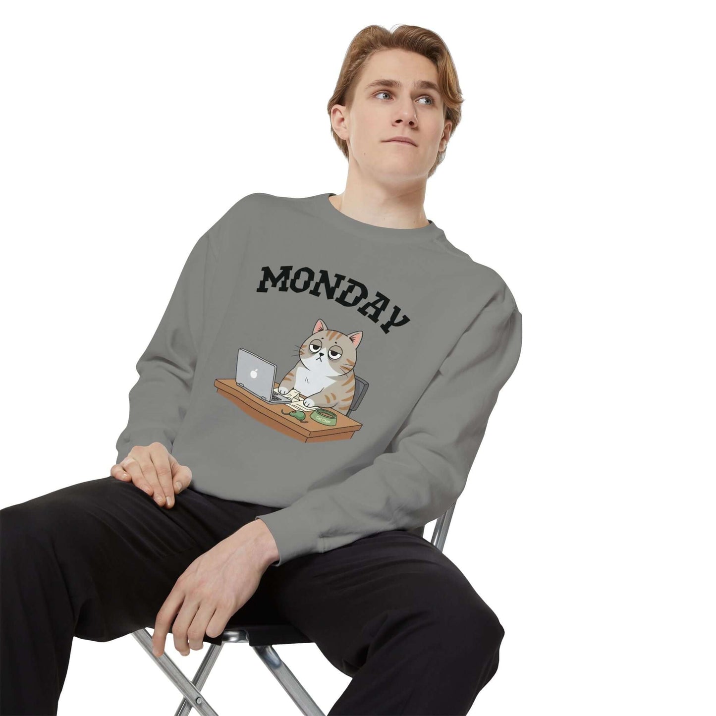 Monday Face Cat Stares Blankly Unisex Crewneck Sweatshirt featuring a grumpy cat at a computer.