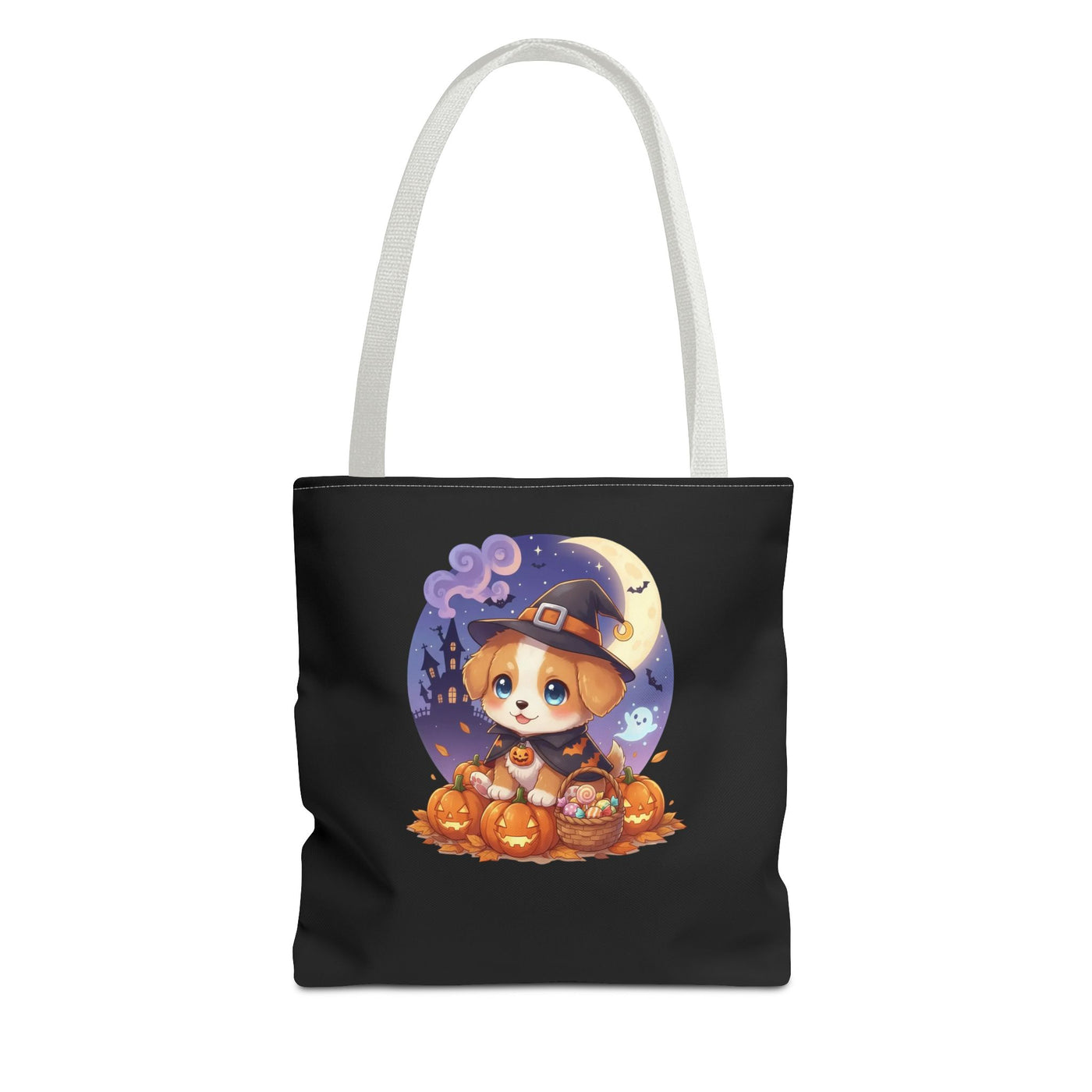 Adorable Halloween Puppy anime style Tote Bag, Pumpkin Lover Gift, Cute Dog Design, Witch Theme, Eco-Friendly Shopping Bag
