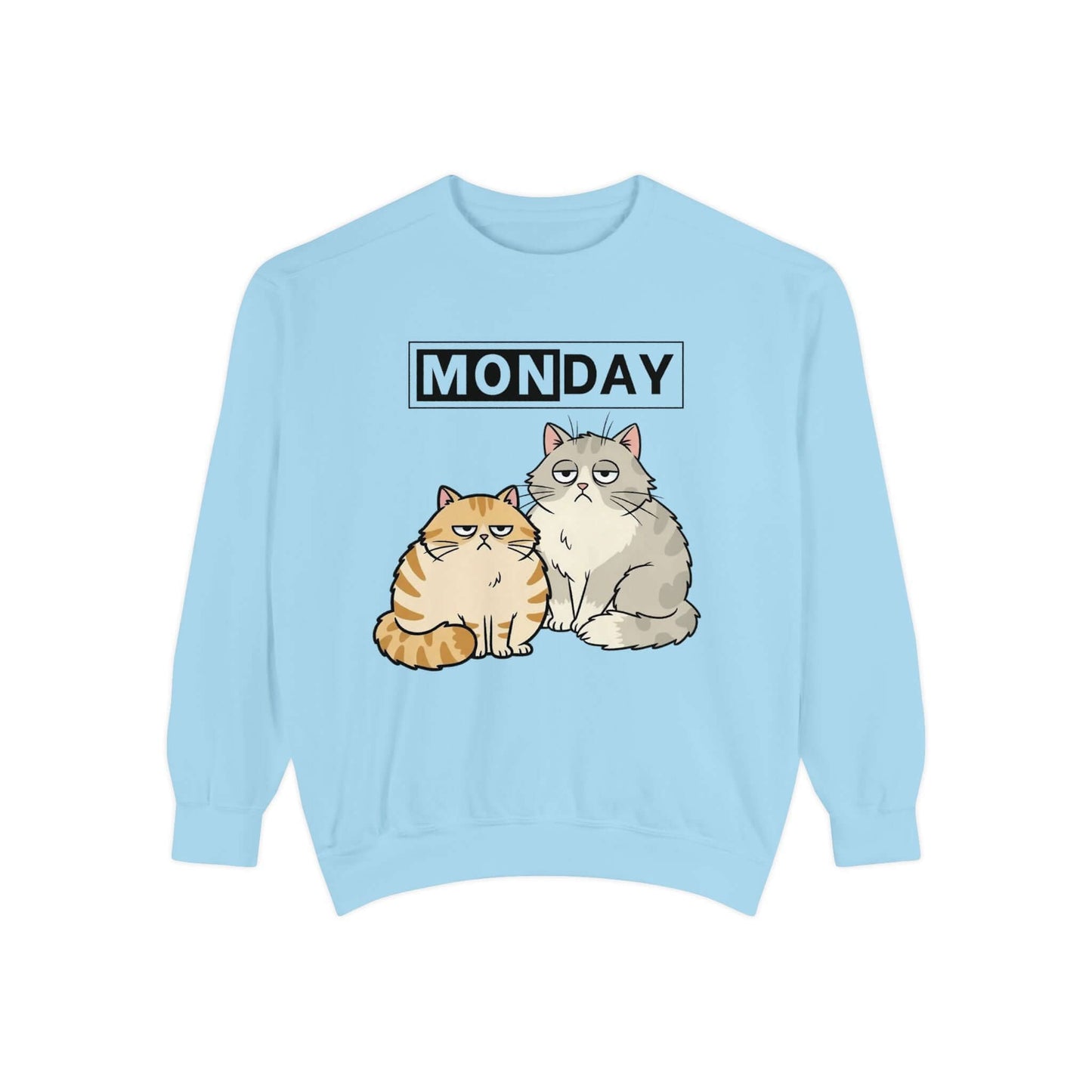 Monday Face Cat Stares Blankly Unisex Crewneck Sweatshirt featuring two cats under a MONDAY banner.