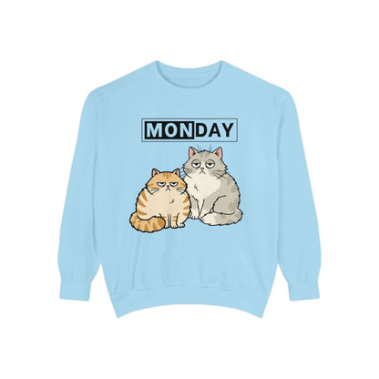 Monday Face Cat Stares Blankly Unisex Crewneck Sweatshirt featuring two cats under a MONDAY banner.