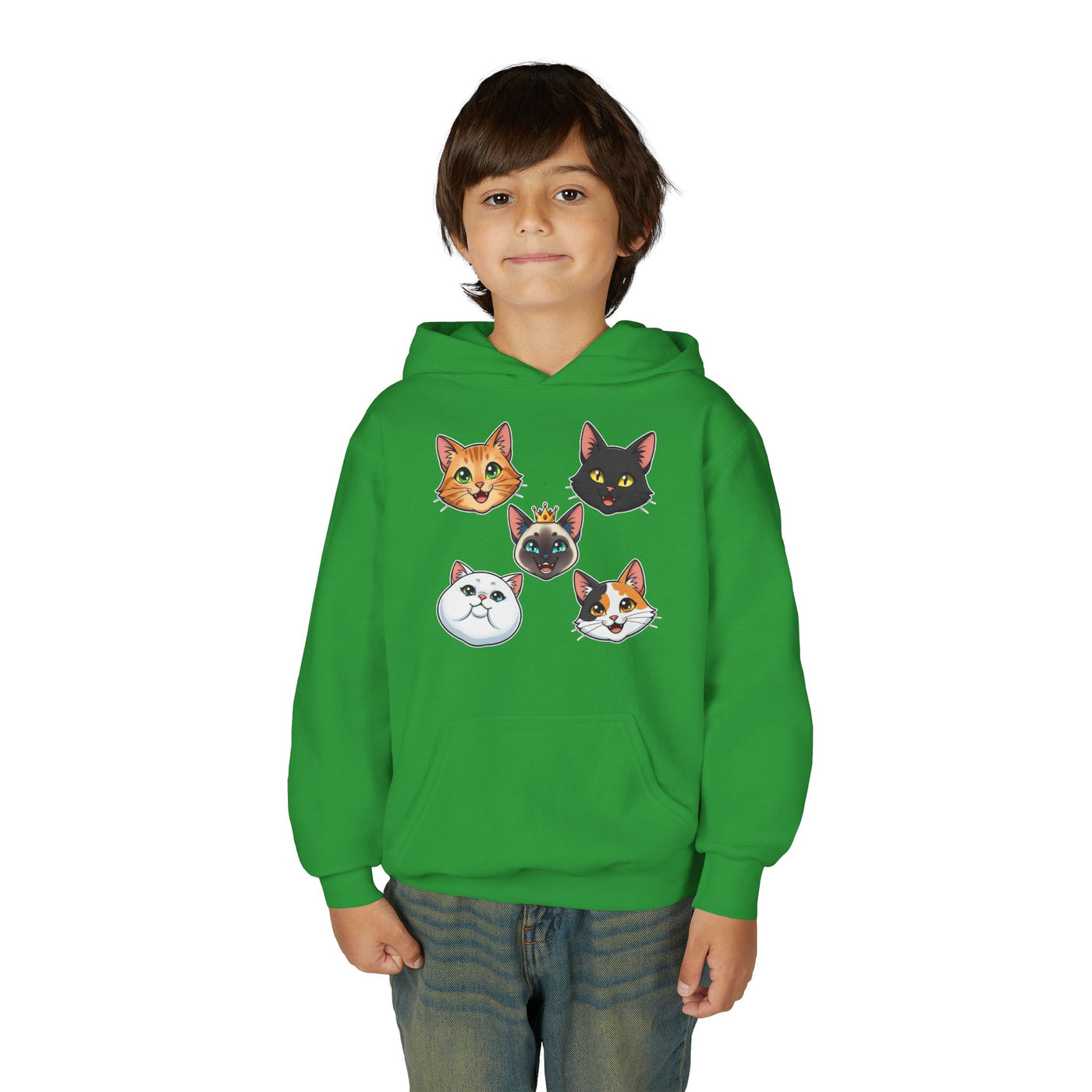 Cute Cat Heads Unisex Youth Hoodie, Fun Pet Lover Sweater, Kids Gift, Animal Lover Apparel, Perfect for Birthdays & Holidays