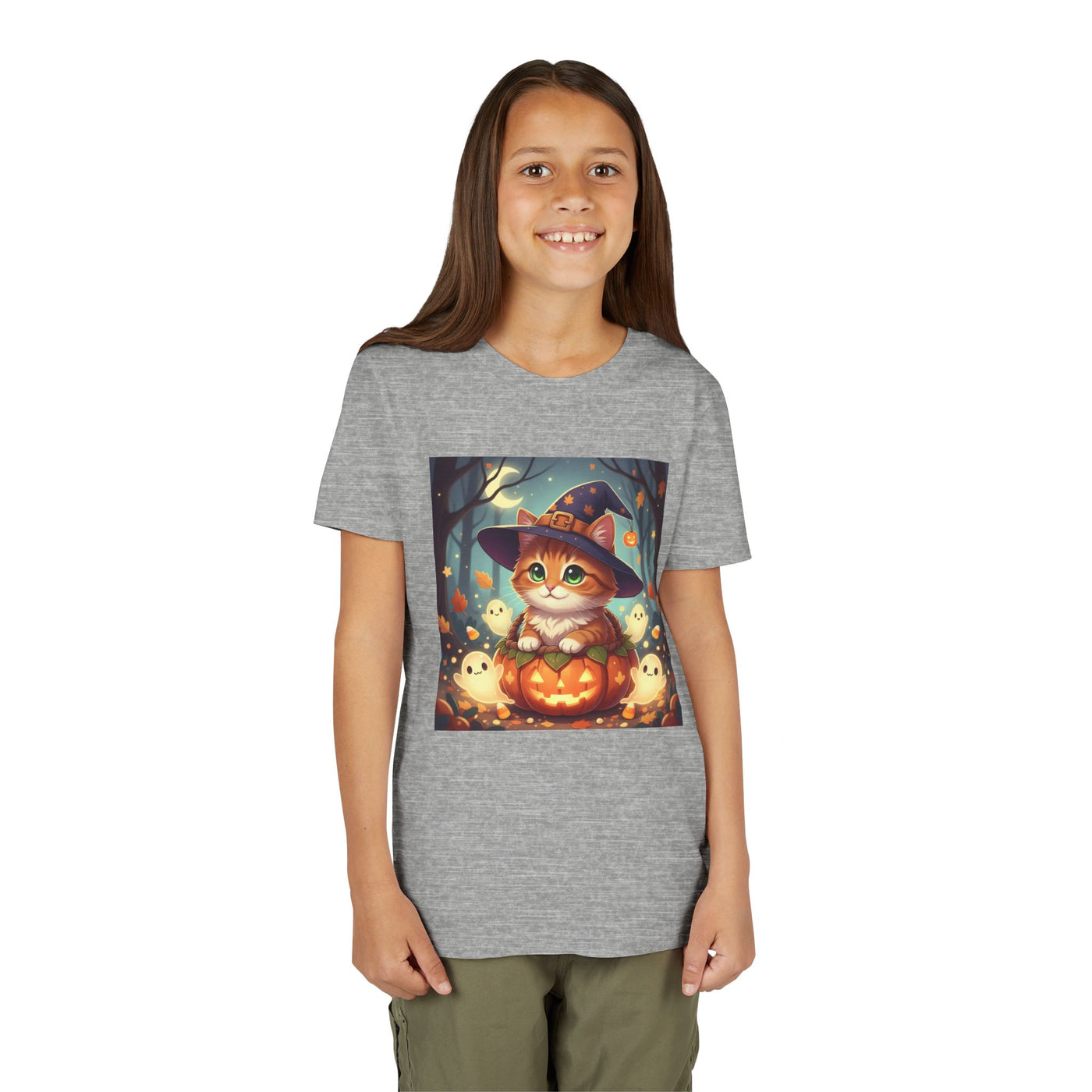 Halloween cute kitten anime style 3 Unisex Youth Tee | T-Shirt, Cute Pumpkin Shirt, Kids Halloween Outfit, Cat Lover Gift, Fun Fall Apparel