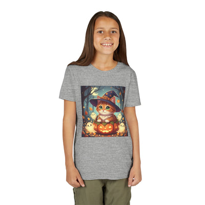 Halloween cute kitten anime style 3 Unisex Youth Tee | T-Shirt, Cute Pumpkin Shirt, Kids Halloween Outfit, Cat Lover Gift, Fun Fall Apparel