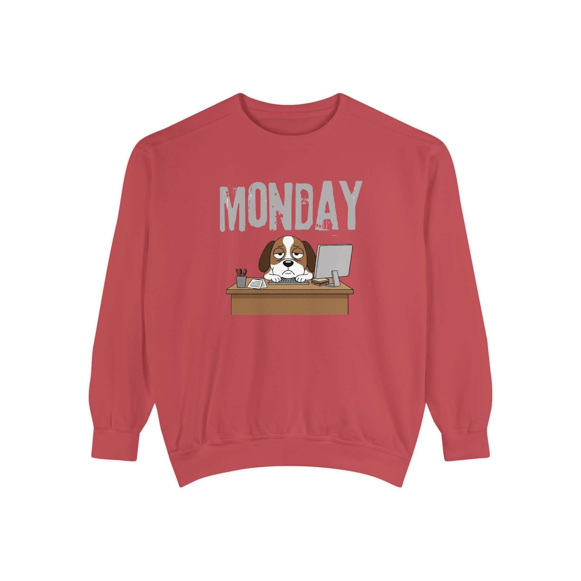 Monday Face Dog Stares Blankly Unisex Crewneck Sweatshirt featuring a dog working at a desk with a "MONDAY" banner.