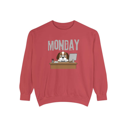 Monday Face Dog Stares Blankly Unisex Crewneck Sweatshirt featuring a dog working at a desk with a "MONDAY" banner.