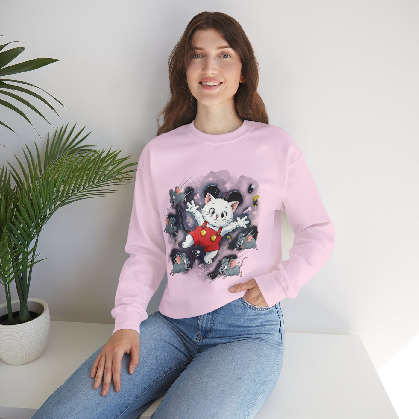 Watercolor painting style 2 Men & Women Cute Cat Pile Crewneck Sweatshirt