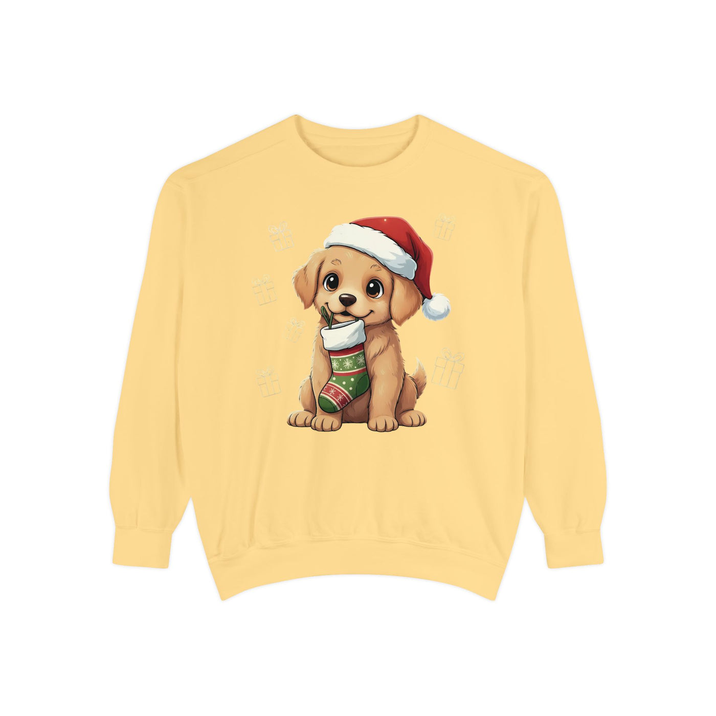 Cute Puppy waiting for Christmas presents style 4 Cozy Graphic Unisex Crewneck Sweatshirt