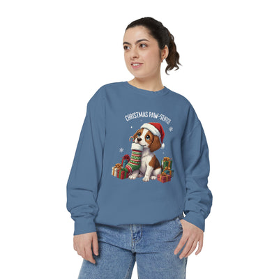Cute Puppy waiting for Christmas presents style 3 Cozy Graphic Unisex Crewneck Sweatshirt
