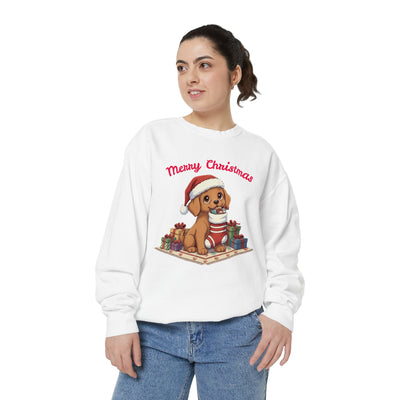 Cute Puppy waiting for Christmas presents style 2 Cozy Graphic Unisex Crewneck Sweatshirt