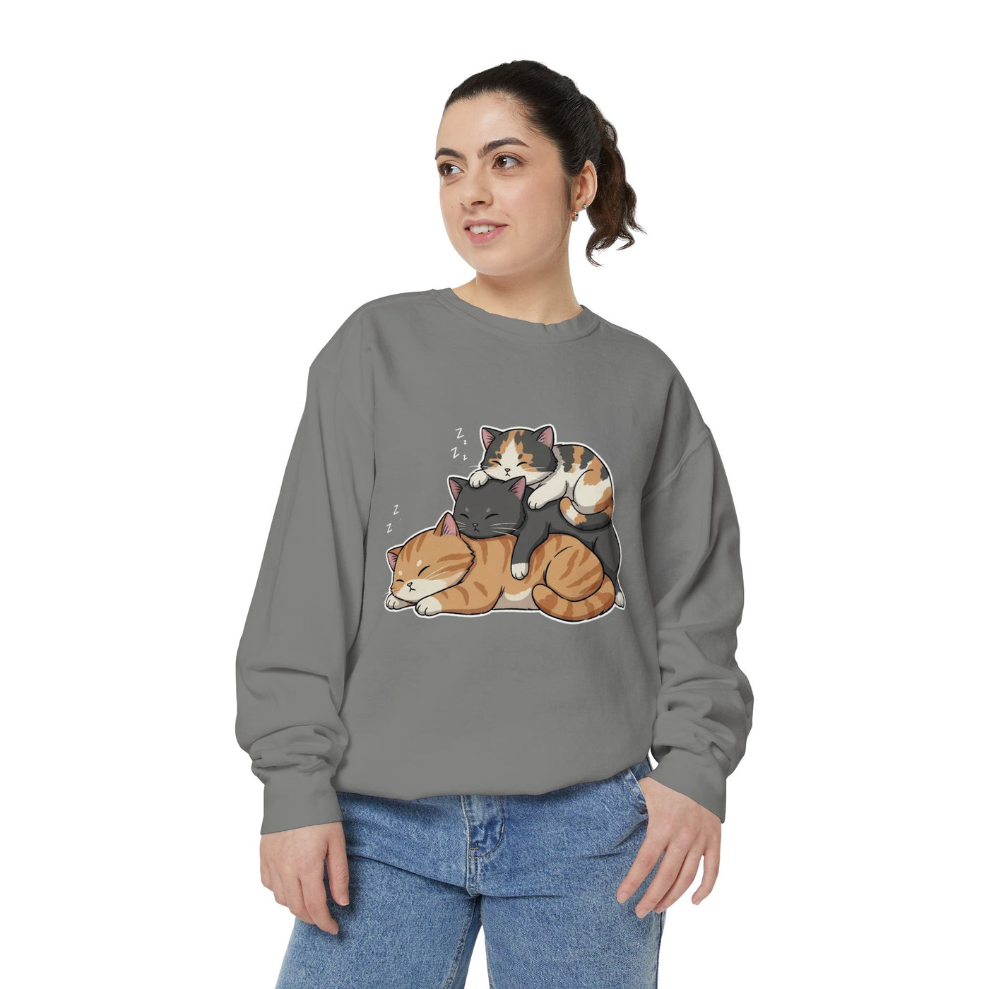 3 Cute Sleeping Cats style 7 Cozy Graphic Unisex Crewneck Sweatshirt