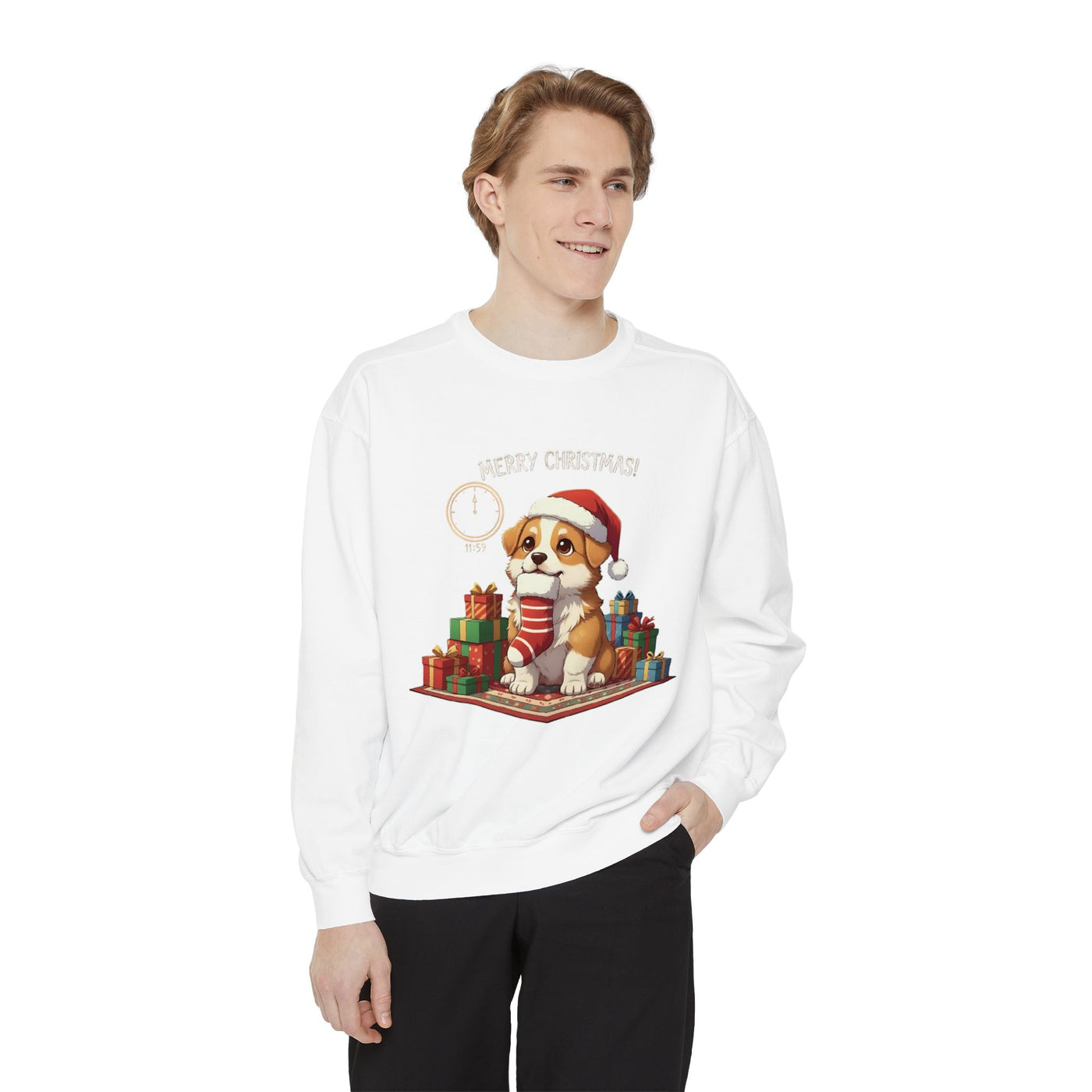 Cute Puppy waiting for Christmas presents style 1 Cozy Graphic Unisex Crewneck Sweatshirt