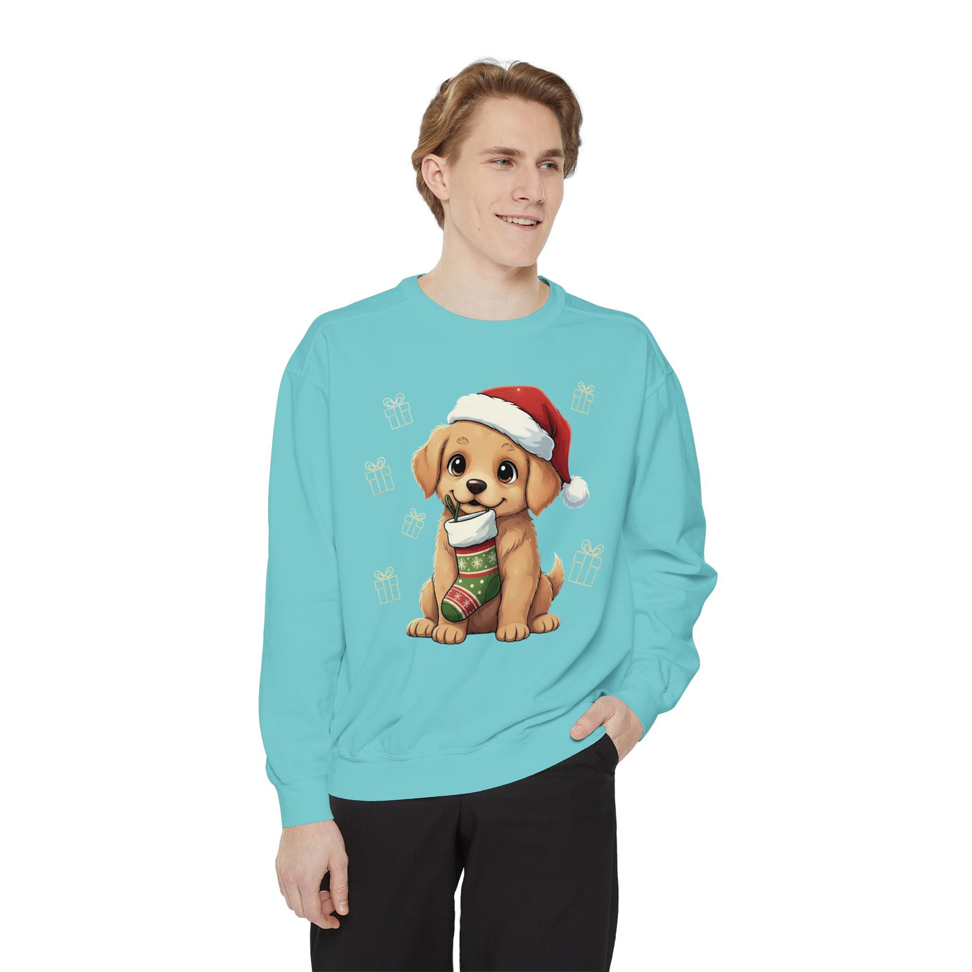 Cute Puppy waiting for Christmas presents style 4 Cozy Graphic Unisex Crewneck Sweatshirt