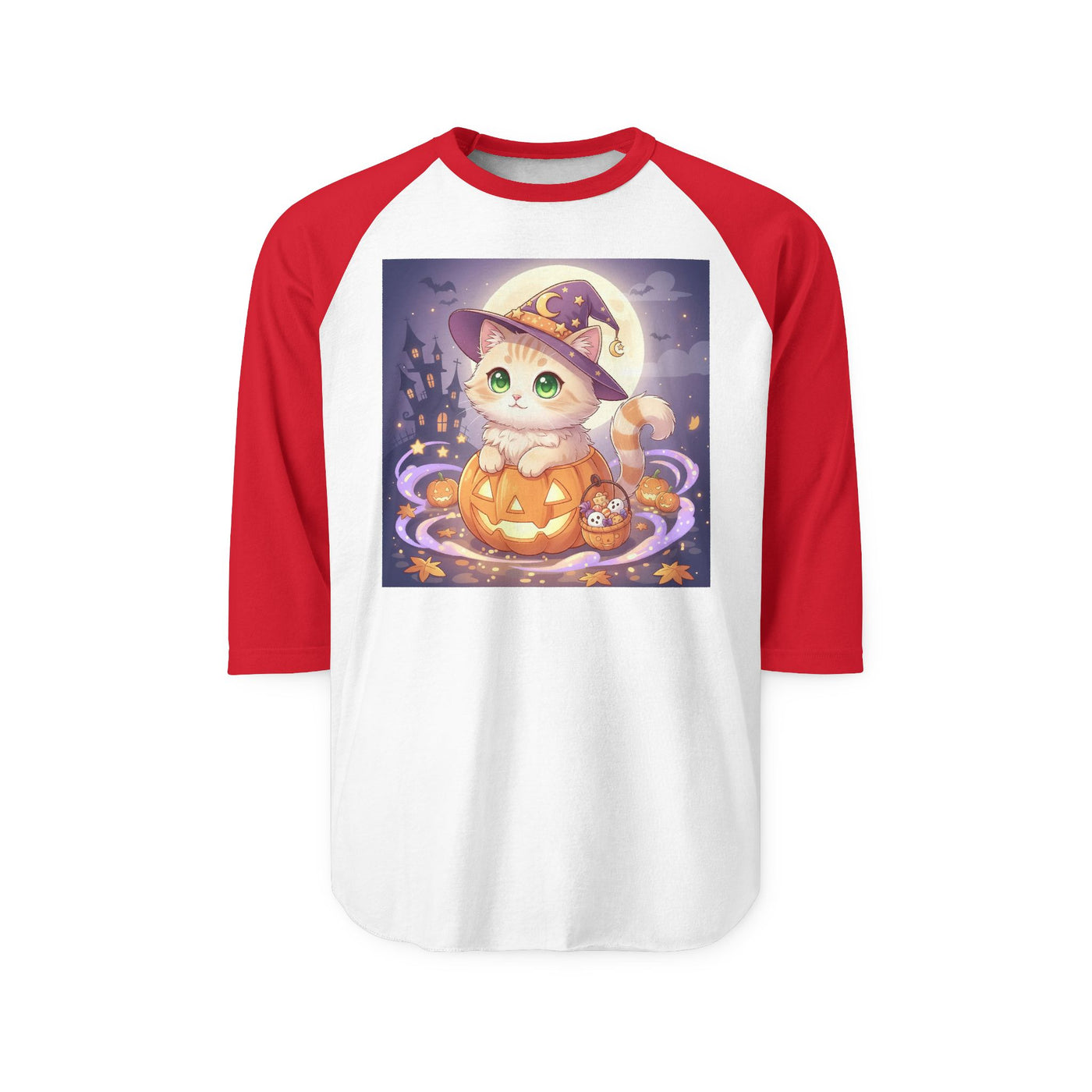 Halloween cute kitten anime style 4 Raglan Shirt, Unisex Halloween Top, Pumpkin Cat Shirt, Cute Cat Tee, Spooky Casual Wear