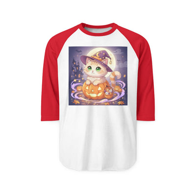 Halloween cute kitten anime style 4 Raglan Shirt, Unisex Halloween Top, Pumpkin Cat Shirt, Cute Cat Tee, Spooky Casual Wear