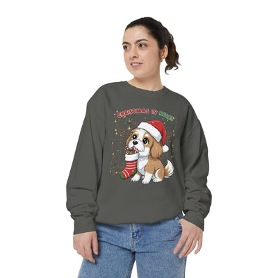 Cute Puppy waiting for Christmas presents style 5 Cozy Graphic Unisex Crewneck Sweatshirt