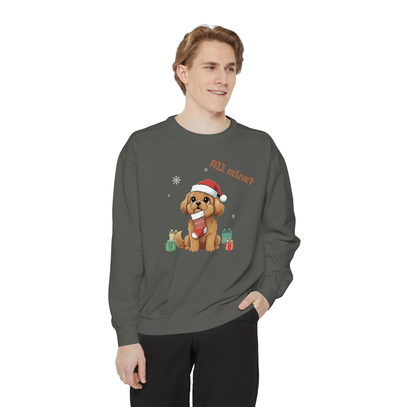 Cute Puppy waiting for Christmas presents style 8 Cozy Graphic Unisex Crewneck Sweatshirt