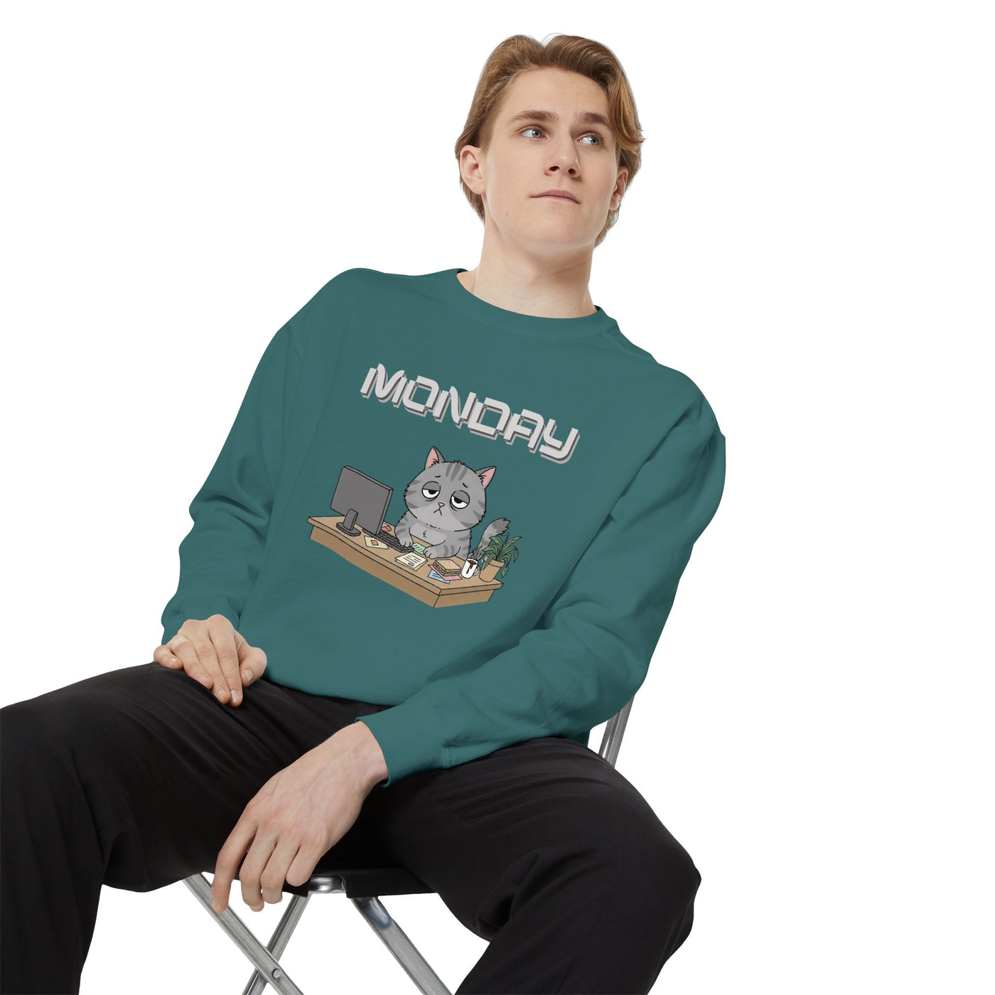 Monday Face Cat Stares Blankly Unisex Crewneck Sweatshirt style 2