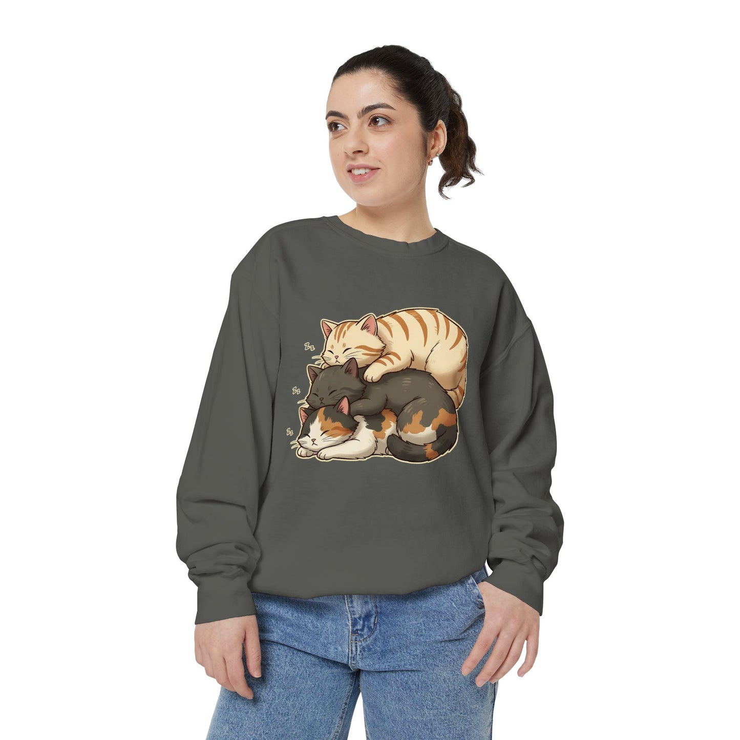 3 Cute Sleeping Cats Cozy Graphic Unisex Crewneck Sweatshirt style 4