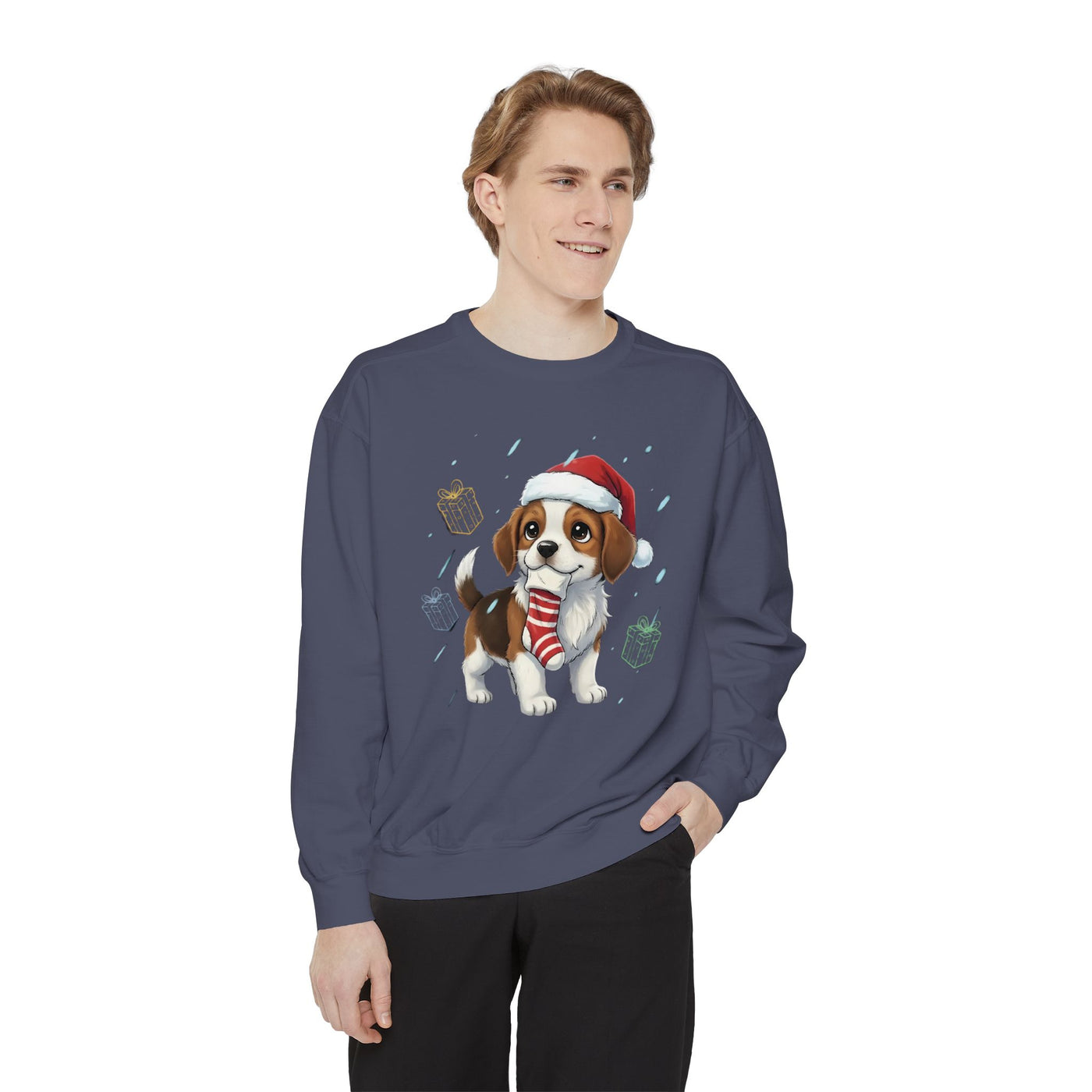 Cute Puppy waiting for Christmas presents style 6 Cozy Graphic Unisex Crewneck Sweatshirt